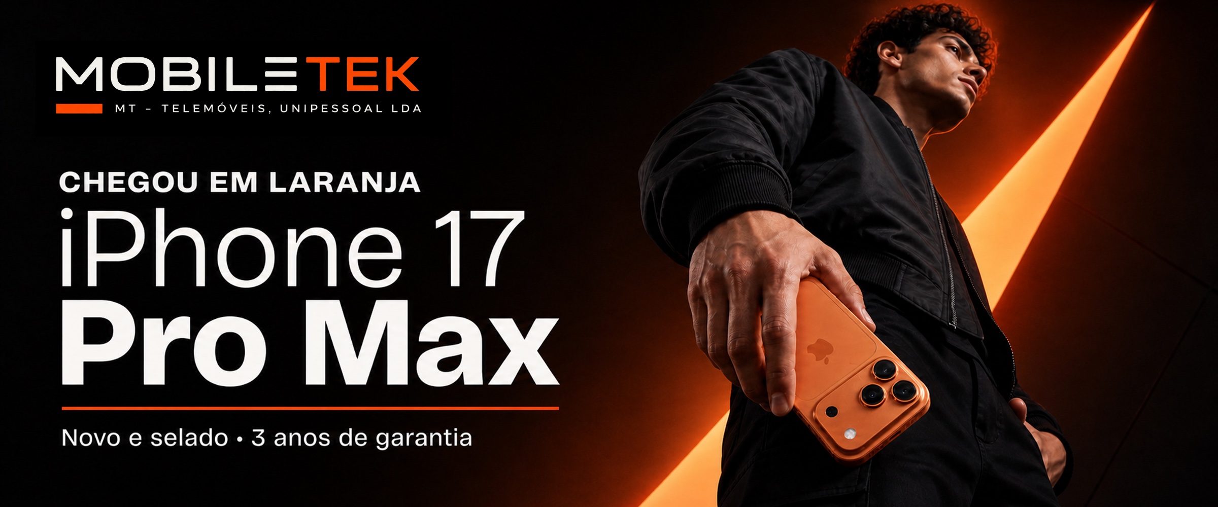 iPhone 17 Pro Max em laranja, novo e selado, com 3 anos de garantia